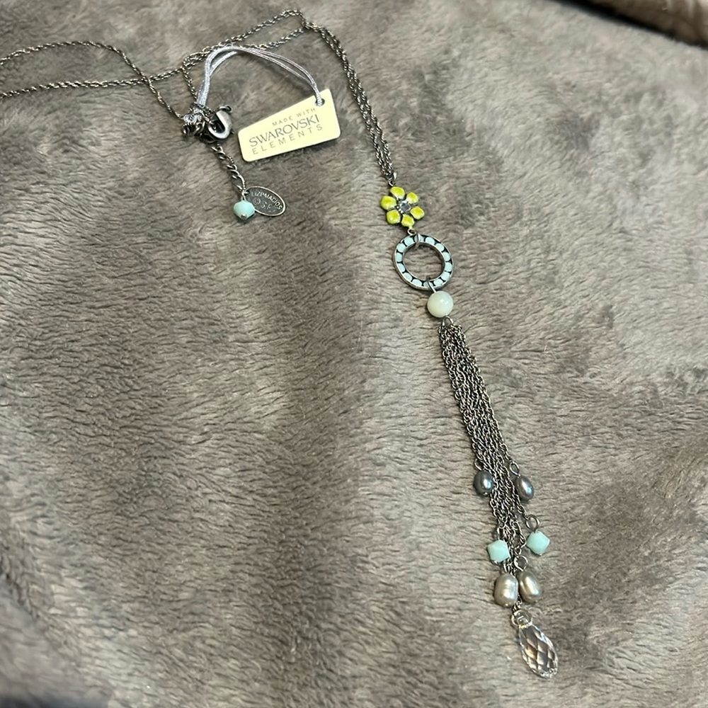Liz Palacios Mint Alabaster, Green Enamel, Crystals & Fresh Water Pearl Necklace